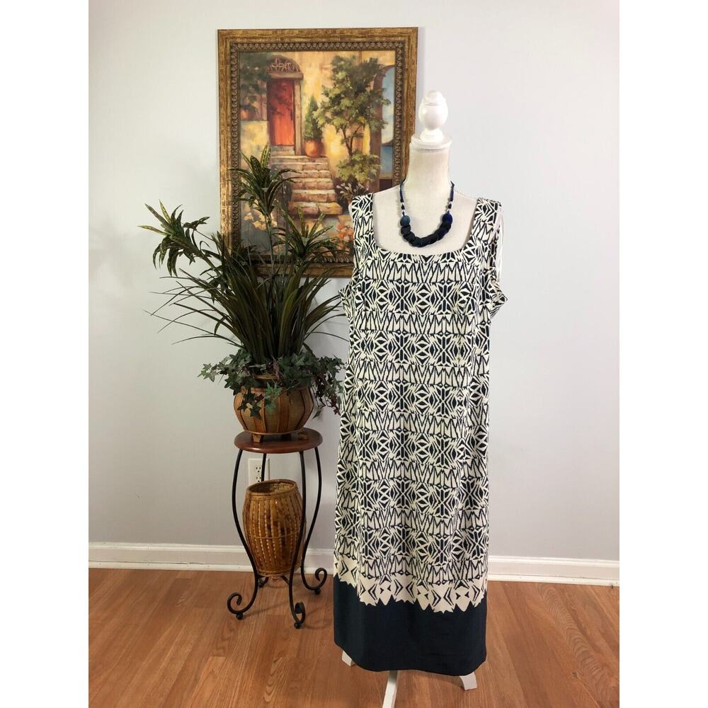 Maya Brooke Tank Dress Women’s 14W White‎ Blue Geo Print Sleeveless Full Zipper